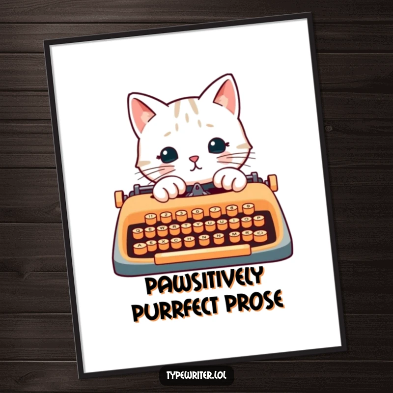 Funny Free Printable Wall Art: A cat character is actively pecking at typewriter keys with its paws, creating a humorous literary scene.