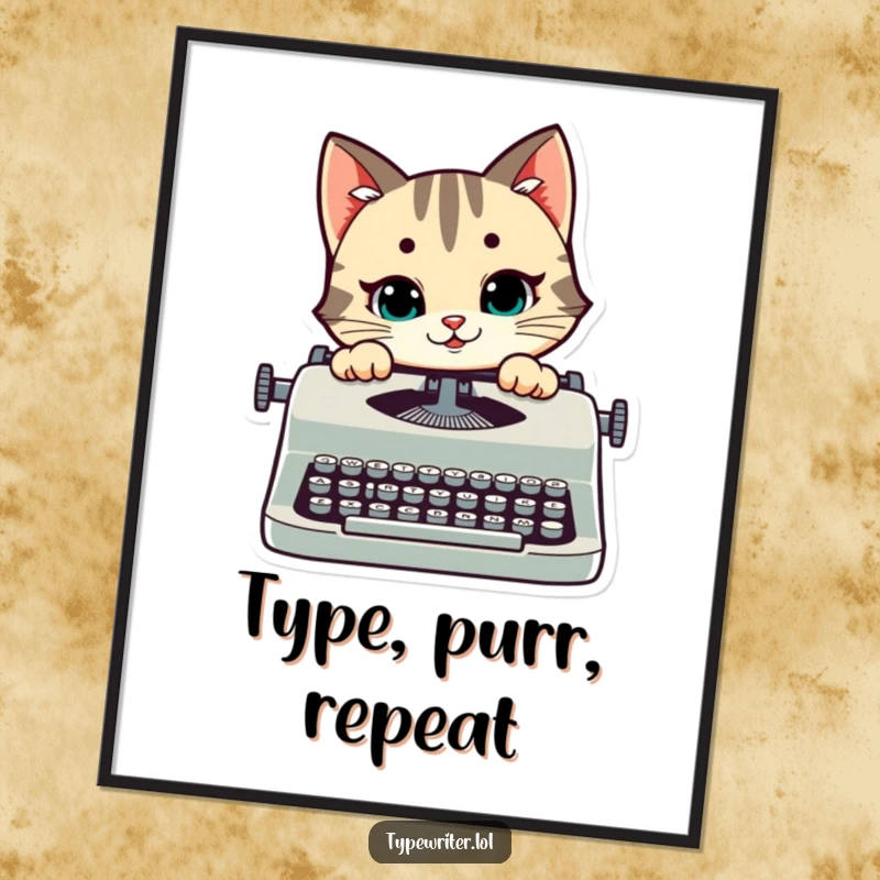 Funny Free Printable Wall Art of a stylized cat peeking over a typewriter with a mischievous smile, perfect for any room.
