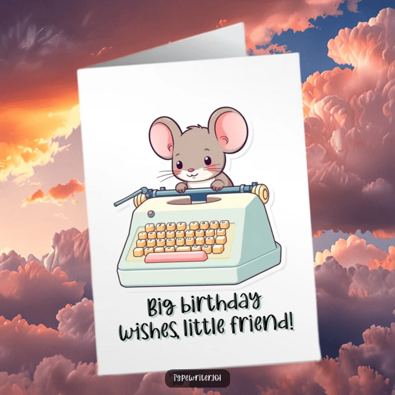 Funny Free Printable Birthday Card featuring a tiny mouse operating an oversized, giant typewriter with great effort.