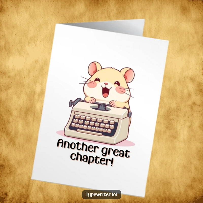 Funny Free Printable Hamster Birthday Card: A cute hamster typing enthusiastically on a vintage typewriter with glee
