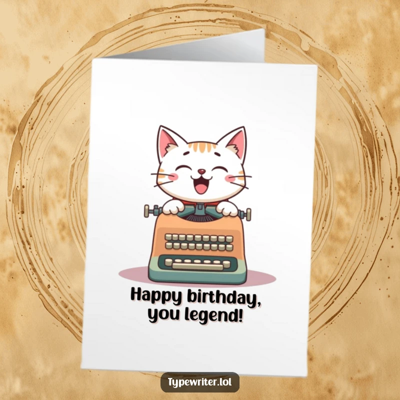 Funny Free Printable Birthday Card: A cheerful cat happily types on a vintage typewriter, wishing a happy birthday with flair.