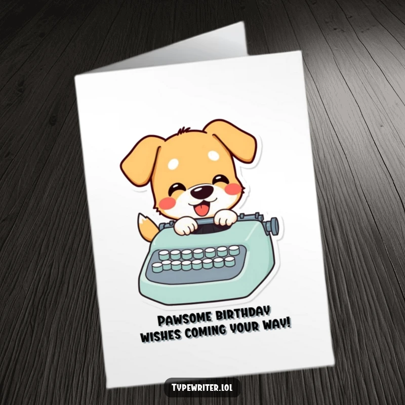 Funny Free Printable Birthday Card featuring a happy dog excitedly typing with its paws on a vintage typewriter.