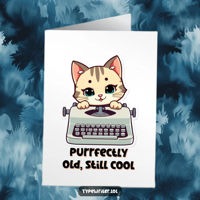 Funny Free Printable Birthday Card featuring stylized cat peeking over typewriter with mischievous smile, ready to type birthday wishes.