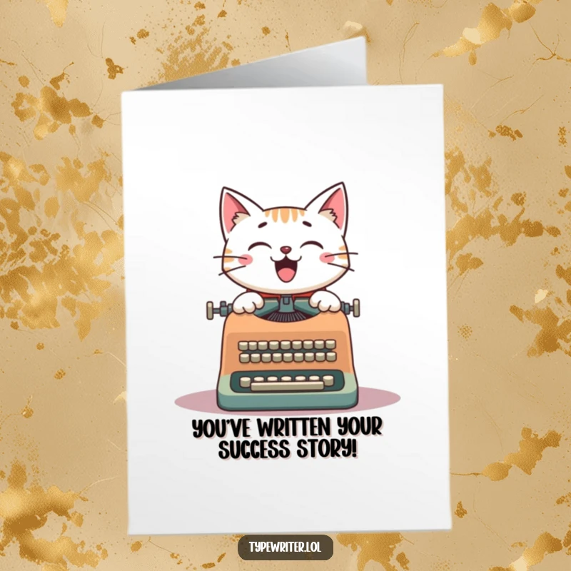 Funny Free Printable Congratulations Card: A cheerful cat types a congratulatory message on a vintage typewriter with joy.