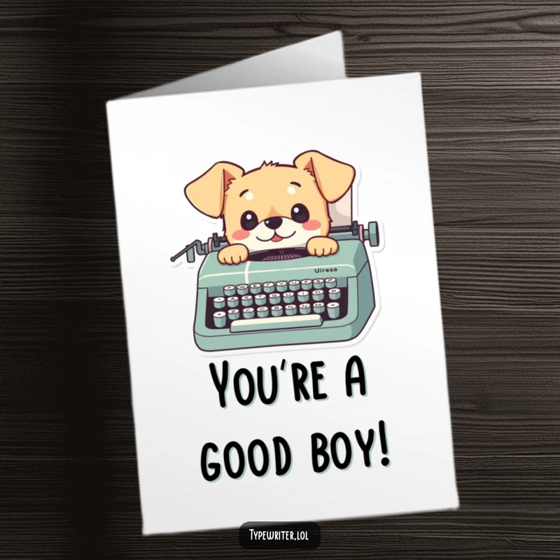 Funny Free Printable Congratulations Card showing a small dog with curious eyes looking up from a typewriter.