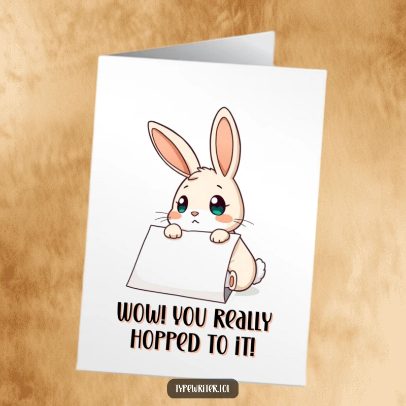 Funny Free Printable Congratulations Card showing a wide-eyed rabbit looking shocked and surprised at a typed message.