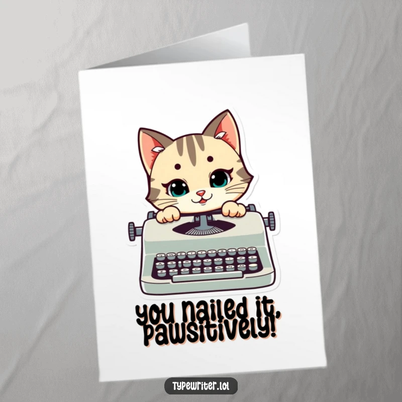Funny Free Printable Congratulations Card showing a stylized cat peeking over a typewriter with a mischievous grin.