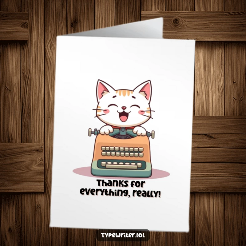 Funny Free Printable Thank You Card: A cheerful cat types a thank you note on a vintage typewriter, sharing gratitude humorously.
