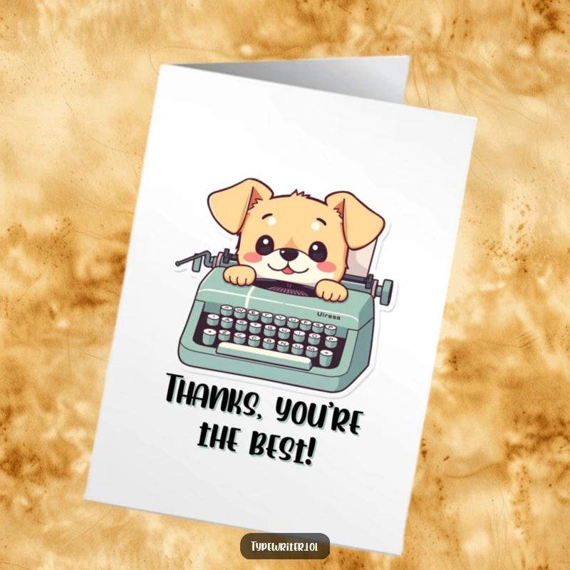 Funny Free Printable Thank You Card of a small dog looking up from a typewriter with curious eyes, ready to type thanks.