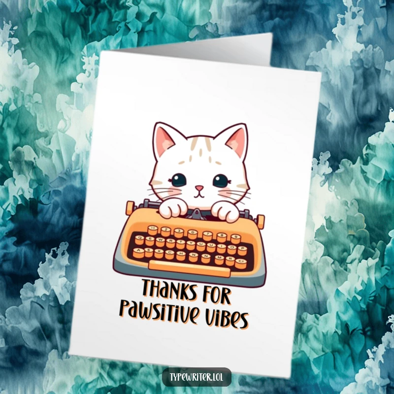 Funny Free Printable Thank You Card: A cat character is busy pecking at typewriter keys with its paws, offering thanks with a humorous twist.