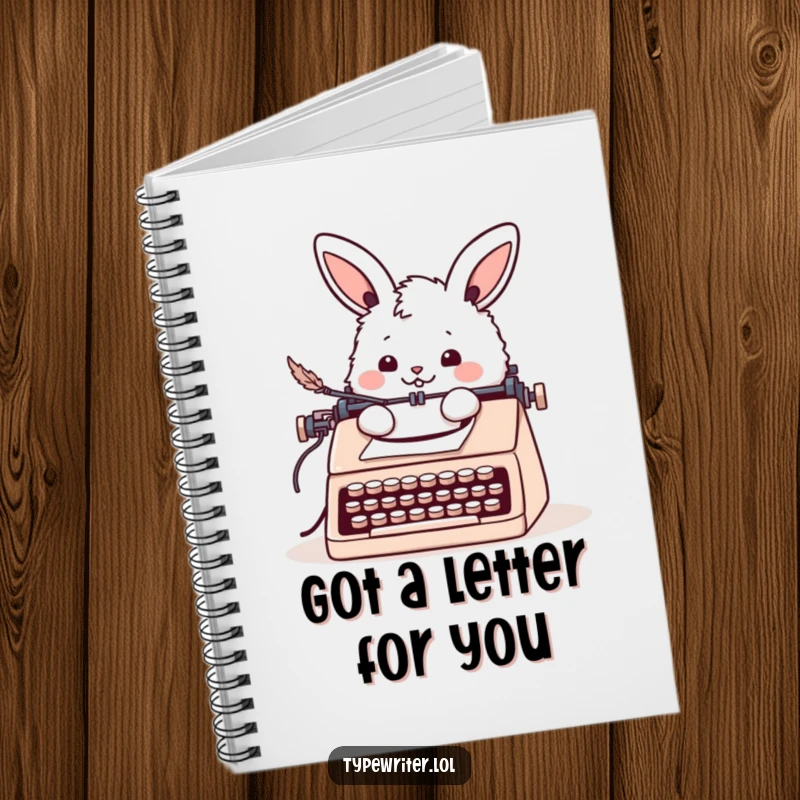 Funny bunny notebook with a cheerful fluffy rabbit writing a letter with a quill pen at a typewriter, great for notes.