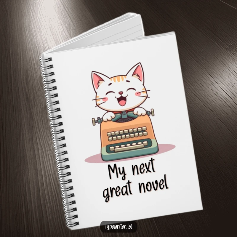 Funny Cat Writer Notebook: A cheerful cat character at a vintage typewriter, ready to record humorous stories and ideas.