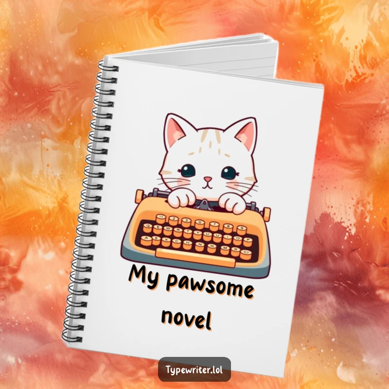 Funny cat writer notebook, featuring a cat's paws typing on a typewriter, for jotting down stories.