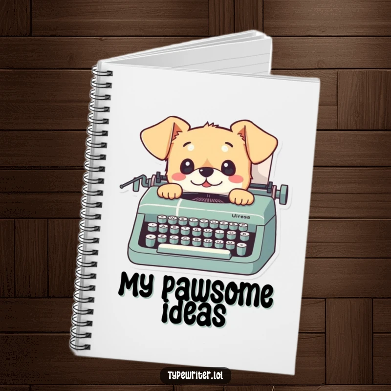 Funny dog notebook with a playful small dog looking up from a typewriter with curious eyes, perfect for jotting down notes.