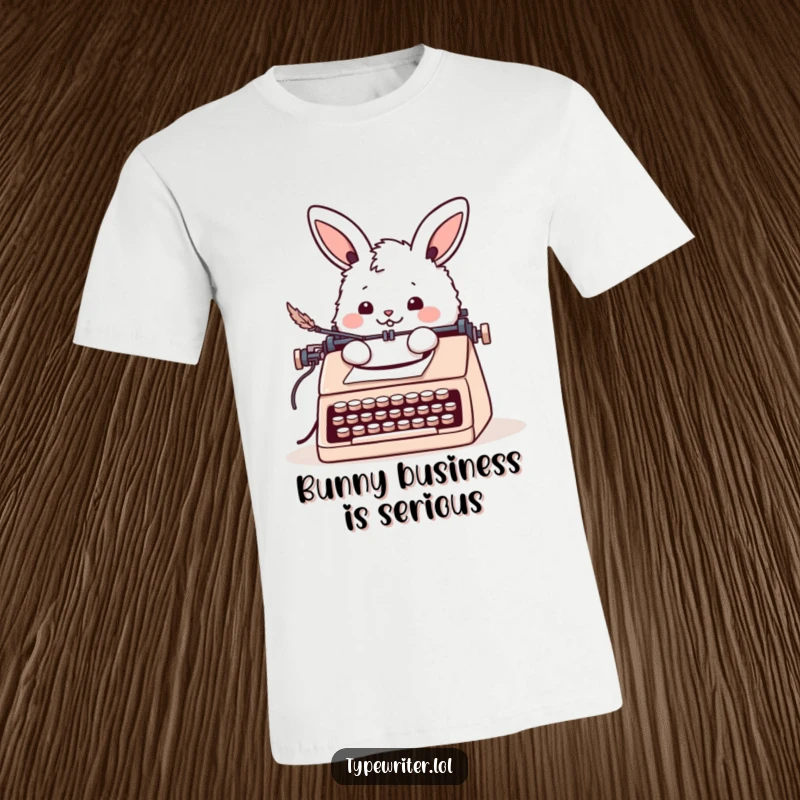 Funny bunny t-shirt: a cheerful fluffy rabbit writing a letter with a quill pen at a typewriter, ideal for animal lovers.