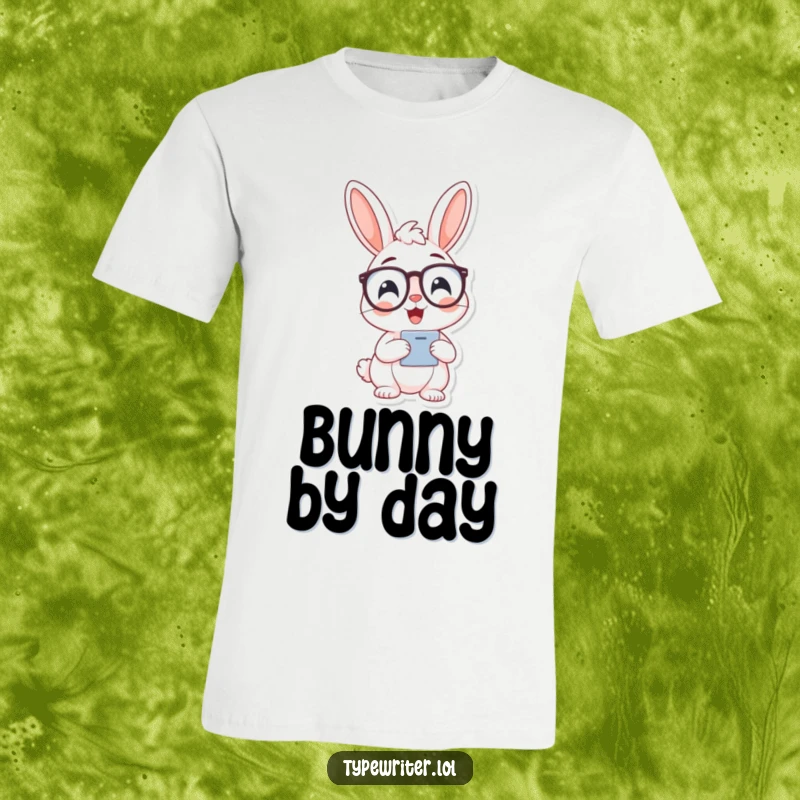 Funny bunny typist t-shirt, a cheerful bunny wearing spectacles and typing on a keyboard.