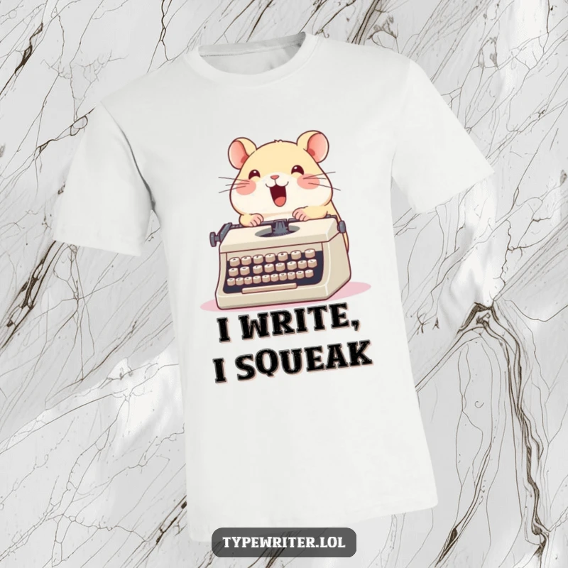 Funny hamster t-shirt, a cute round hamster enthusiastically typing on a vintage typewriter with glee, ideal for humorous apparel.