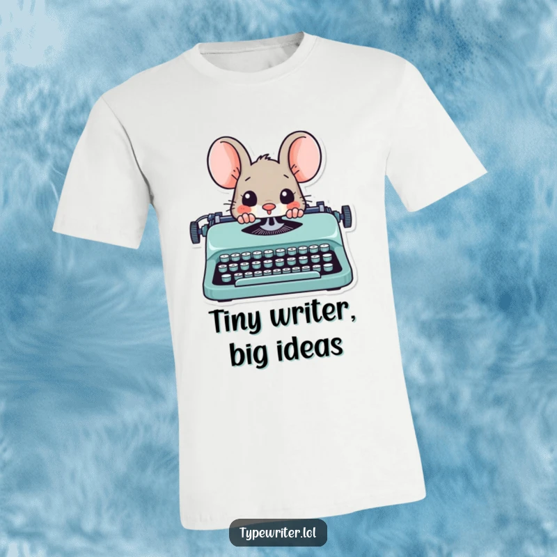 Funny mouse writer t-shirt, depicting a playful mouse peeking from behind a typewriter.
