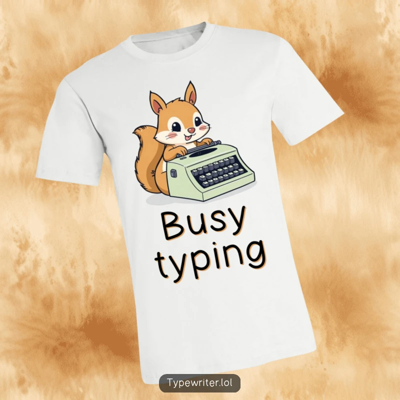 Funny Squirrel T-Shirt: A busy squirrel character with rapid paw movements, furiously typing on a vintage typewriter with focus.