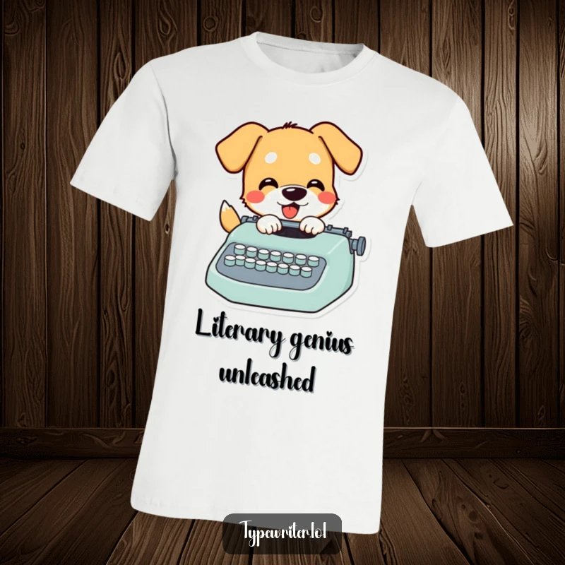 Funny Dog T-Shirt: A playful dog character with focused energy, enthusiastically pecking at typewriter keys, looking inspired.