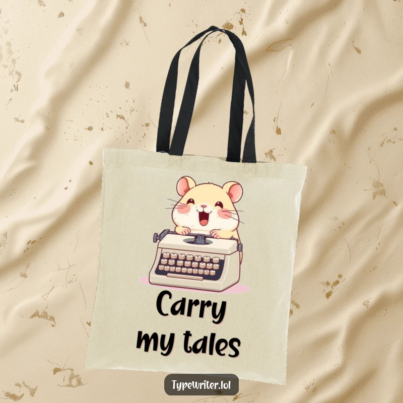 Funny hamster tote bag, a cute round hamster enthusiastically typing on a vintage typewriter with glee, ideal humorous accessory.