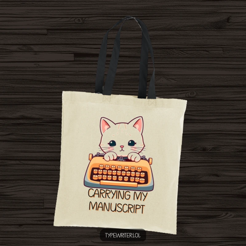 Funny cat writer tote bag, featuring a cat typing on a typewriter, symbolizing literary pursuits.