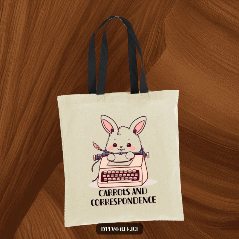 Funny bunny tote bag with a cheerful fluffy rabbit writing a letter with a quill pen at a typewriter, perfect for daily use.