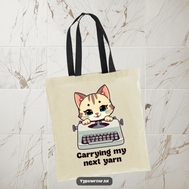Funny cat tote bag with a stylized happy cat peeking over a typewriter, showing a mischievous smile, an ideal accessory for cat fans.