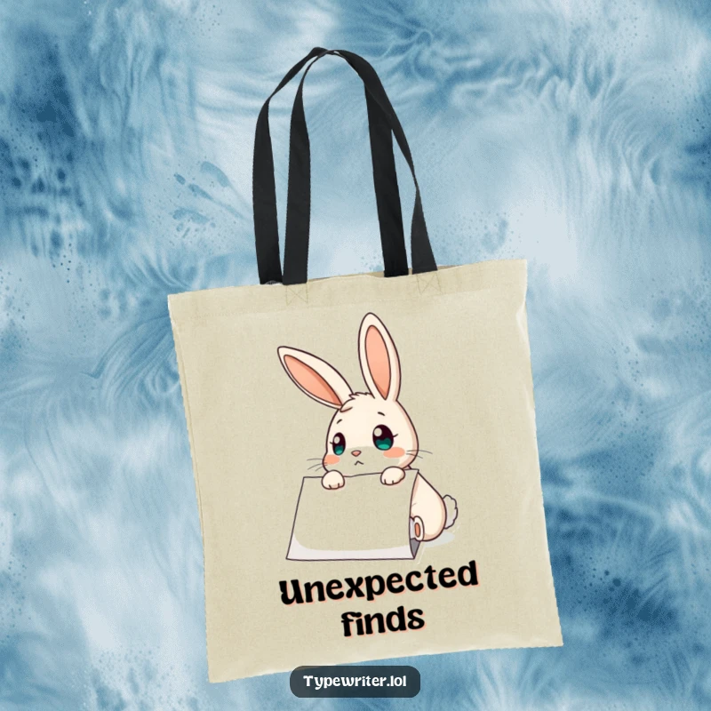 Funny Rabbit Tote Bag: A curious rabbit with wide, surprised eyes, looking at a sheet of typed paper, ready to carry your treasures.