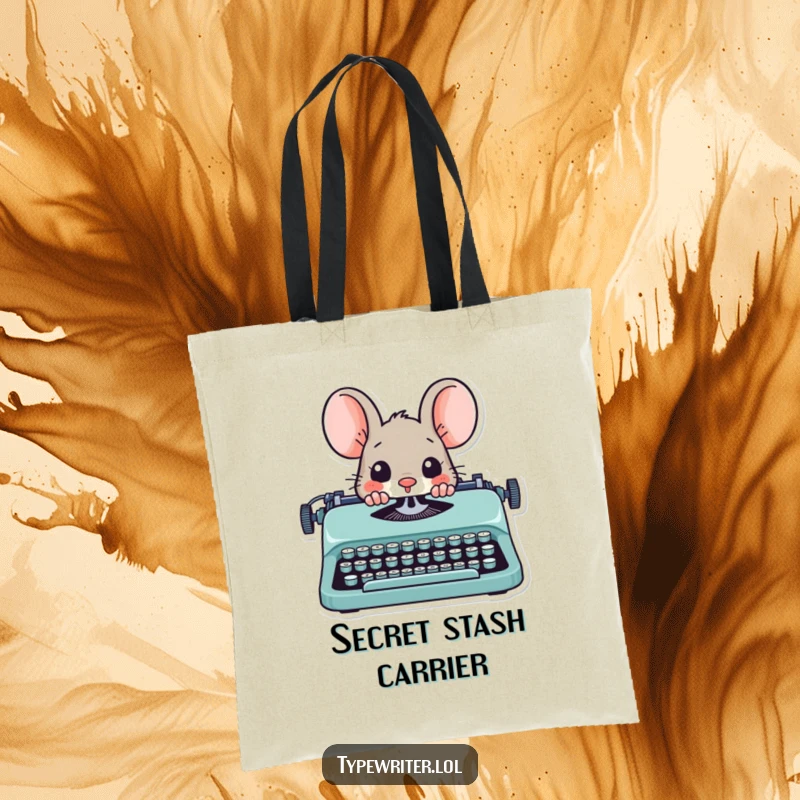 Funny mouse writer tote bag, featuring a playful mouse peeking from behind a typewriter.
